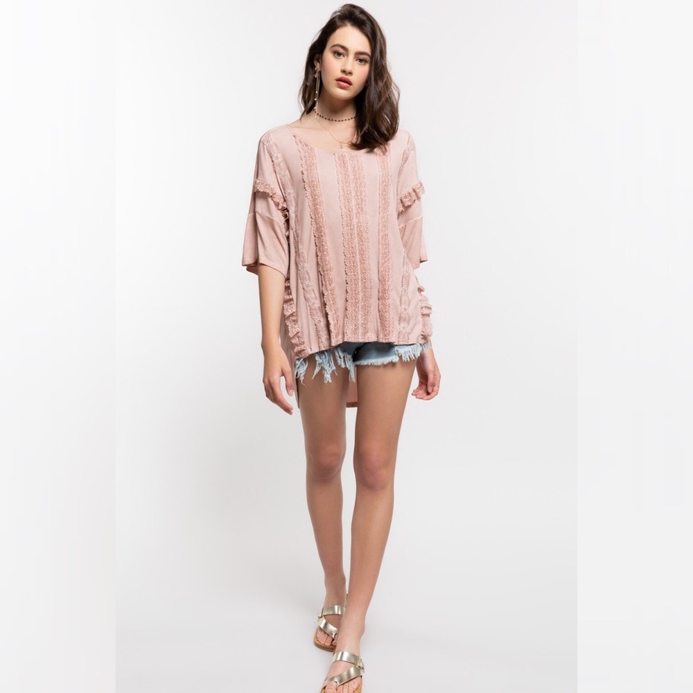 1 S POL Pink Boho Lace & Ruffle Short Sleeve Knit Top - Picture 3 of 8